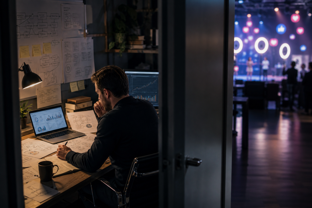 Homem trabalhando em um escritório, analisando gráficos e esboços em um laptop, com um palco desfocado ao fundo