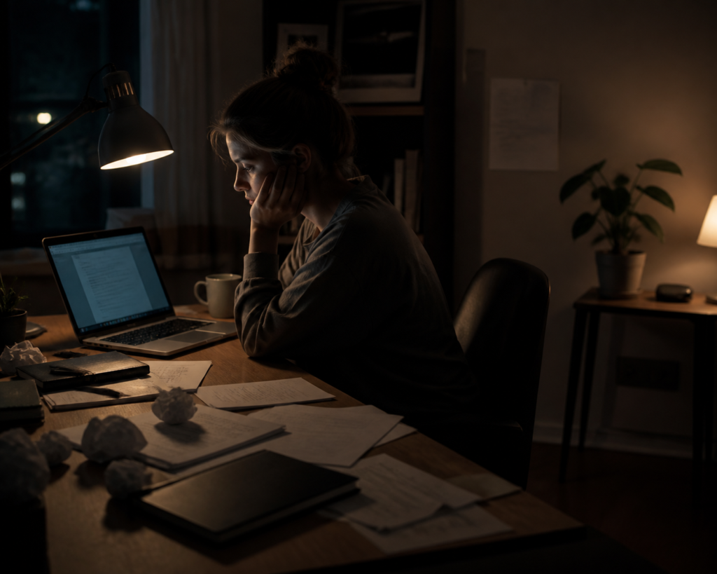 Mulher trabalhando à noite em uma mesa com notebook e papéis, sob luz de abajur